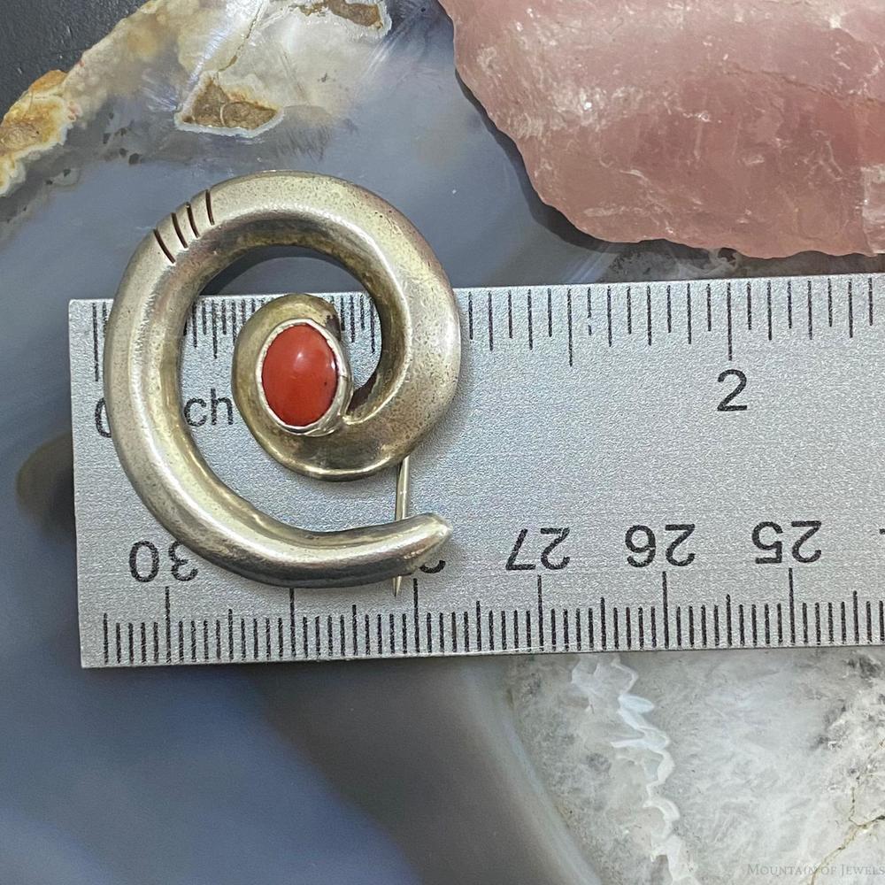Vintage Native American Sterling Silver SandCast "Circle of Life" w/Coral Brooch - Picture 8 of 9